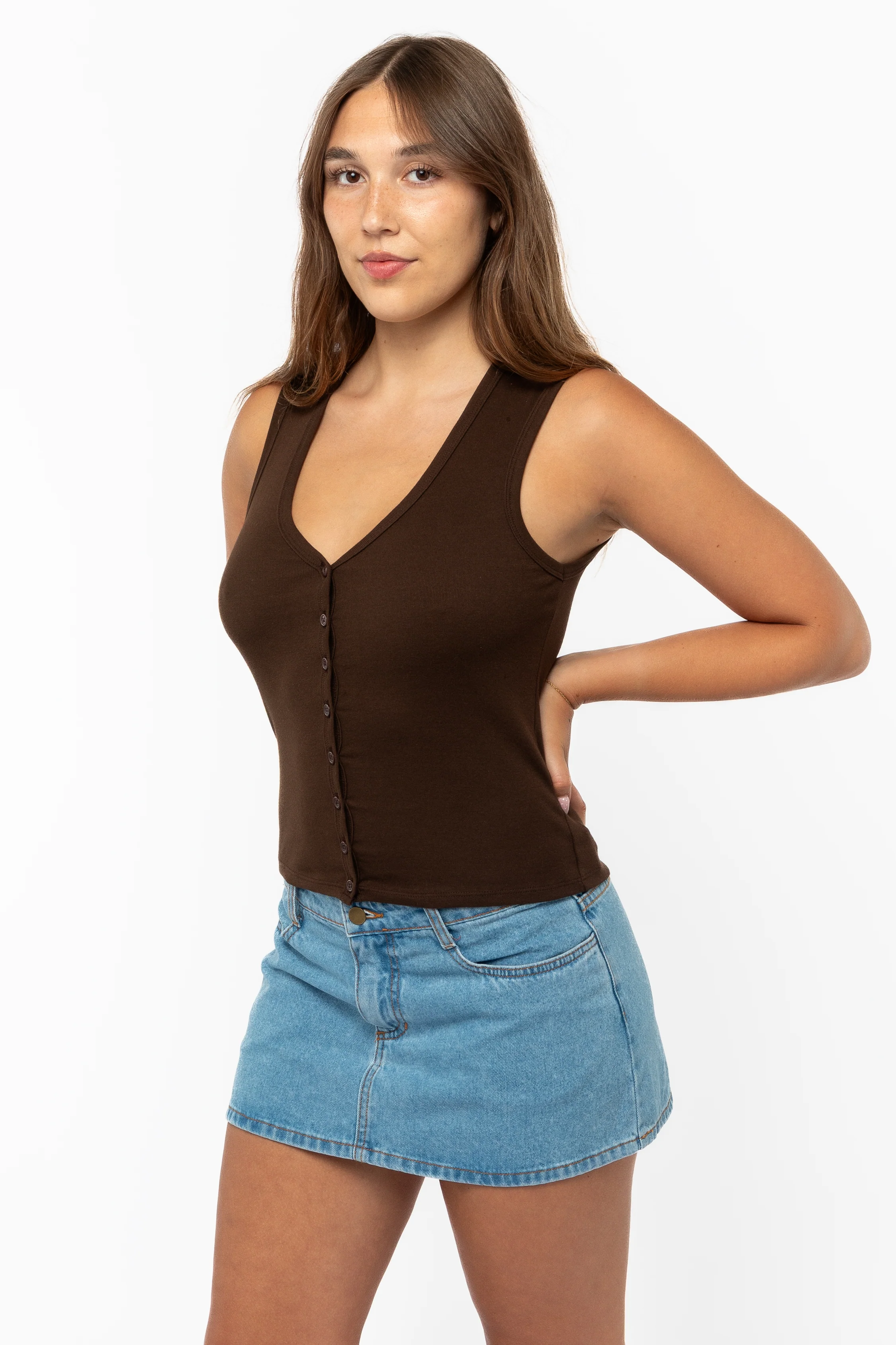 43575X - Baby Rib Sleeveless V Neck Button Up Top - Image 13