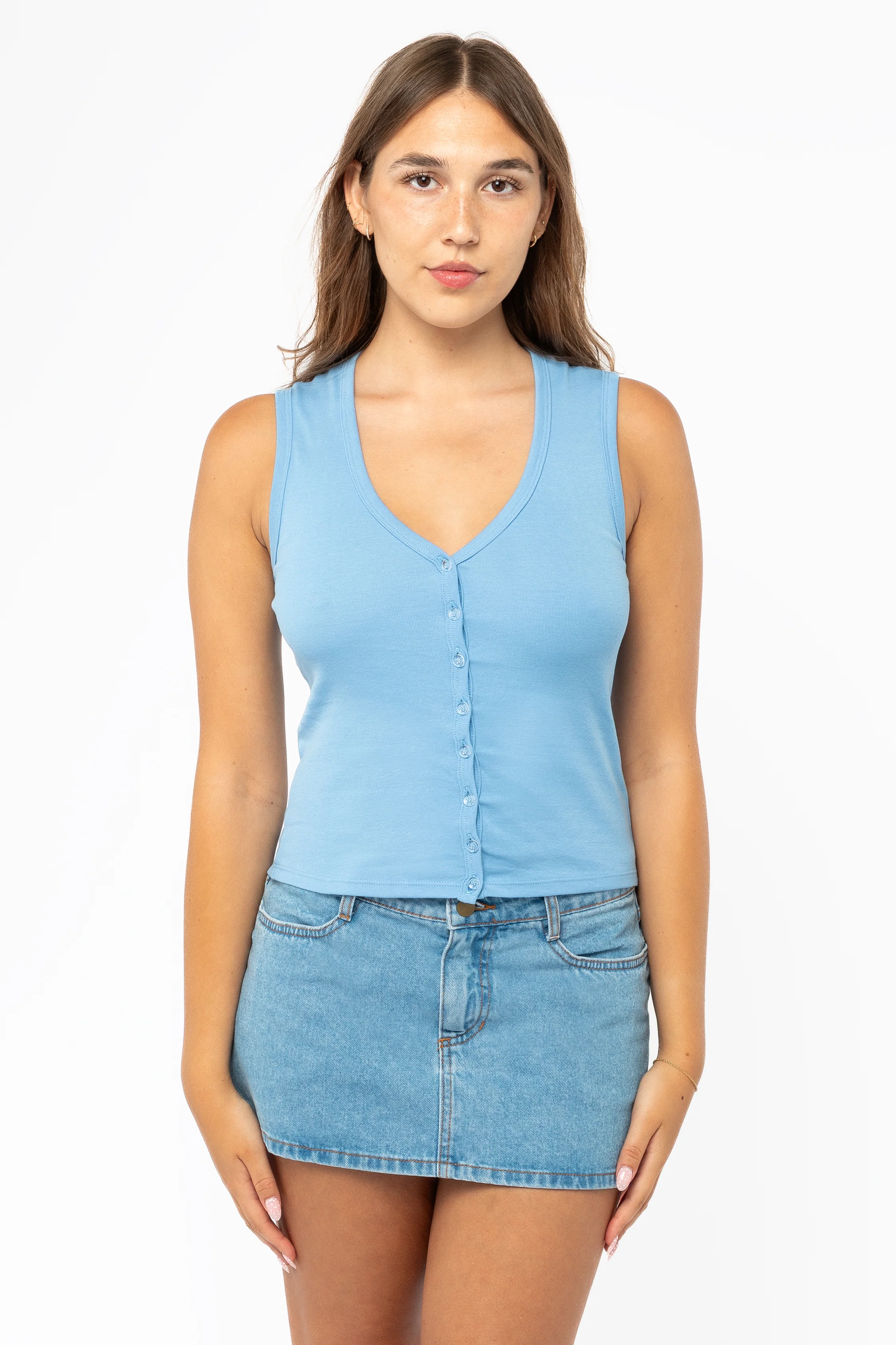 43575X - Baby Rib Sleeveless V Neck Button Up Top - Image 17