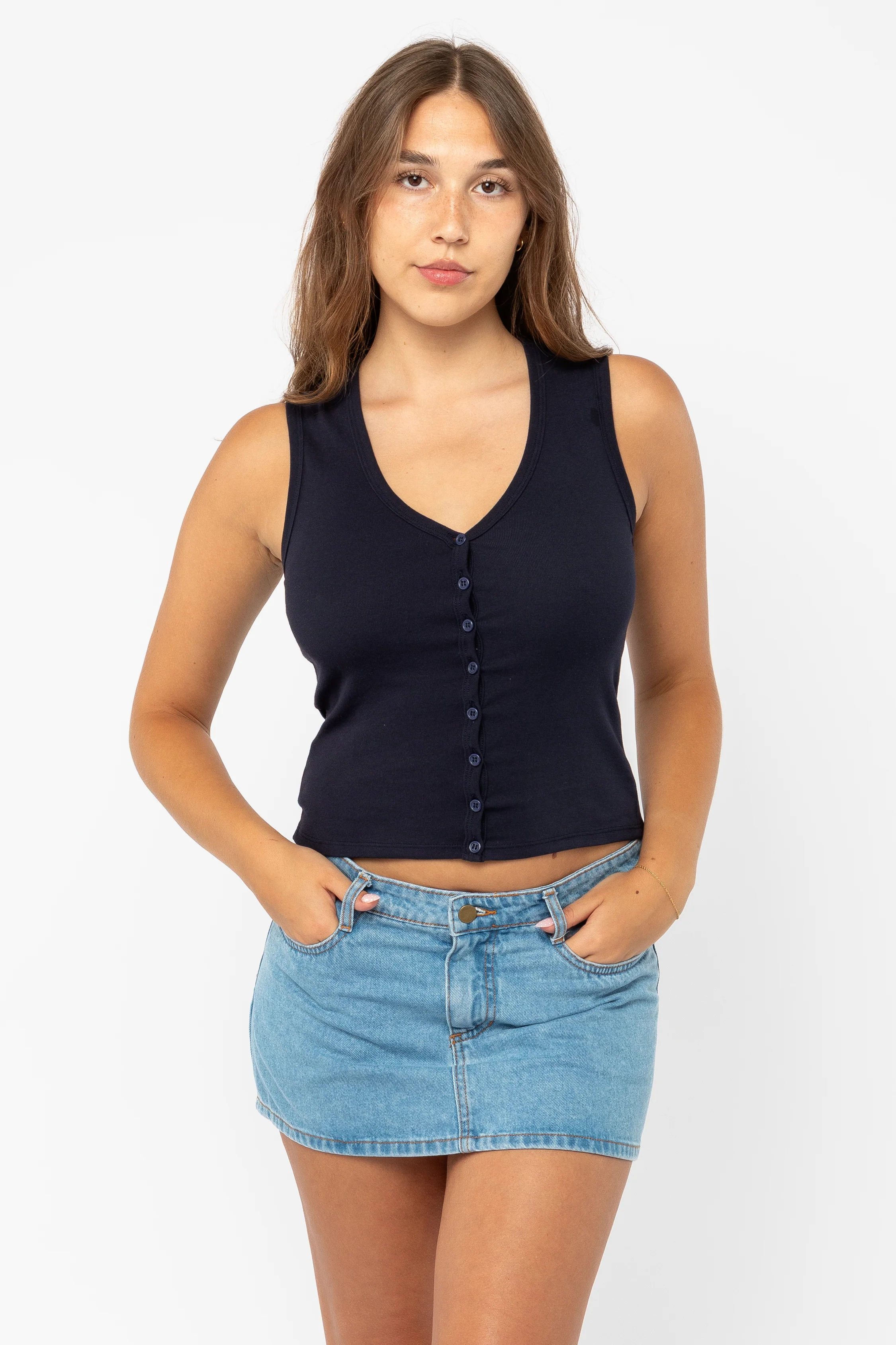 43575X - Baby Rib Sleeveless V Neck Button Up Top - Image 20