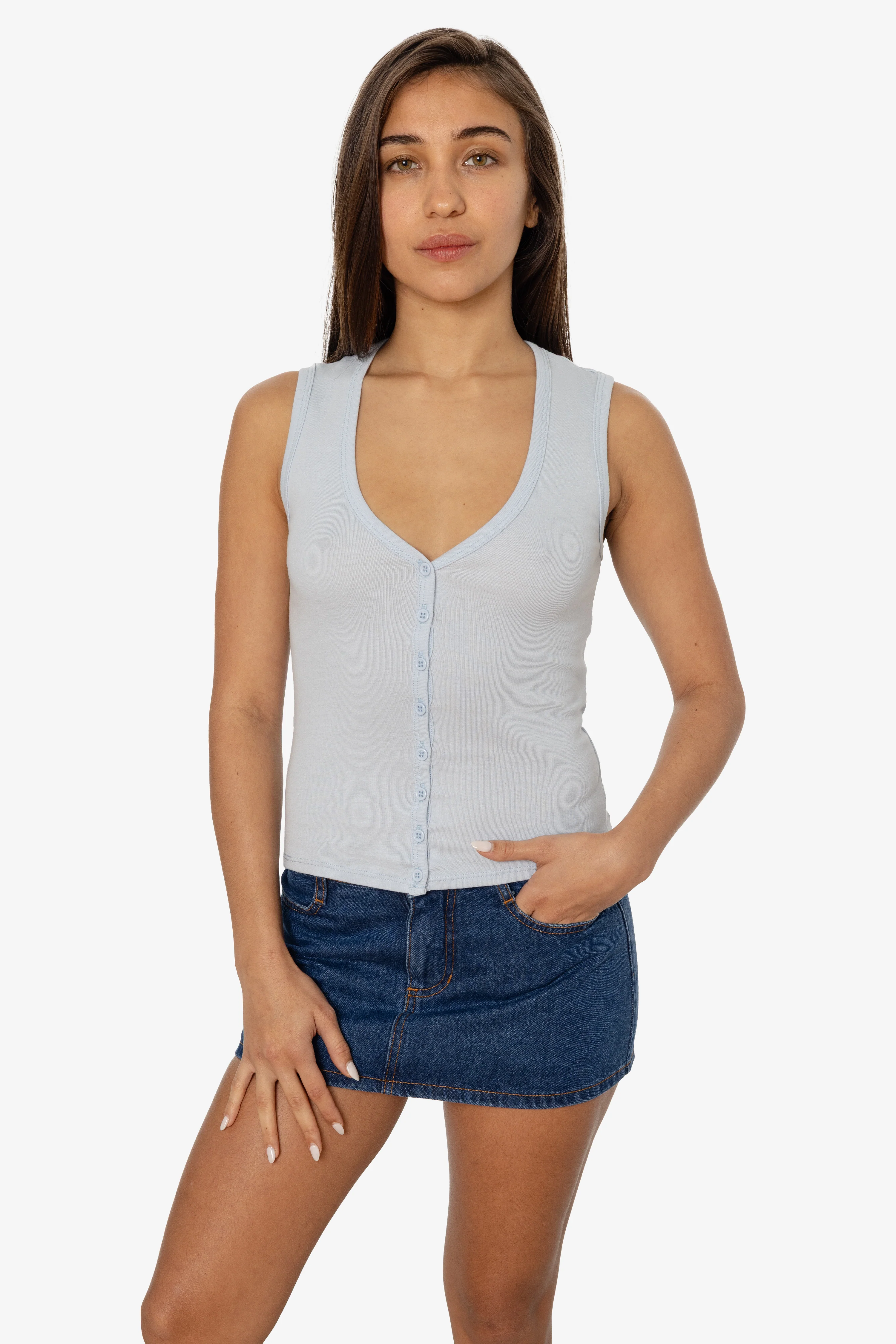 43575X - Baby Rib Sleeveless V Neck Button Up Top - Image 29