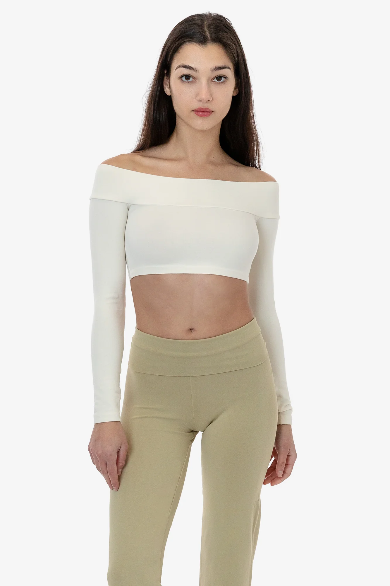 83074GD - Cotton Spandex Long Sleeve Off Shoulder Crop Top - Image 2