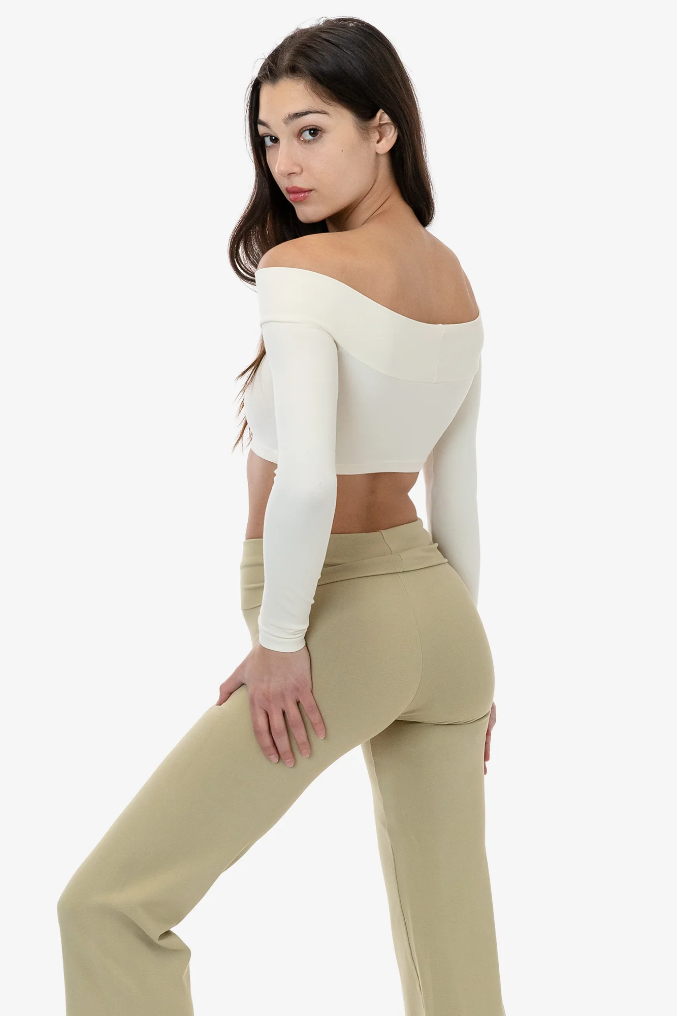 83074GD - Cotton Spandex Long Sleeve Off Shoulder Crop Top - Image 3