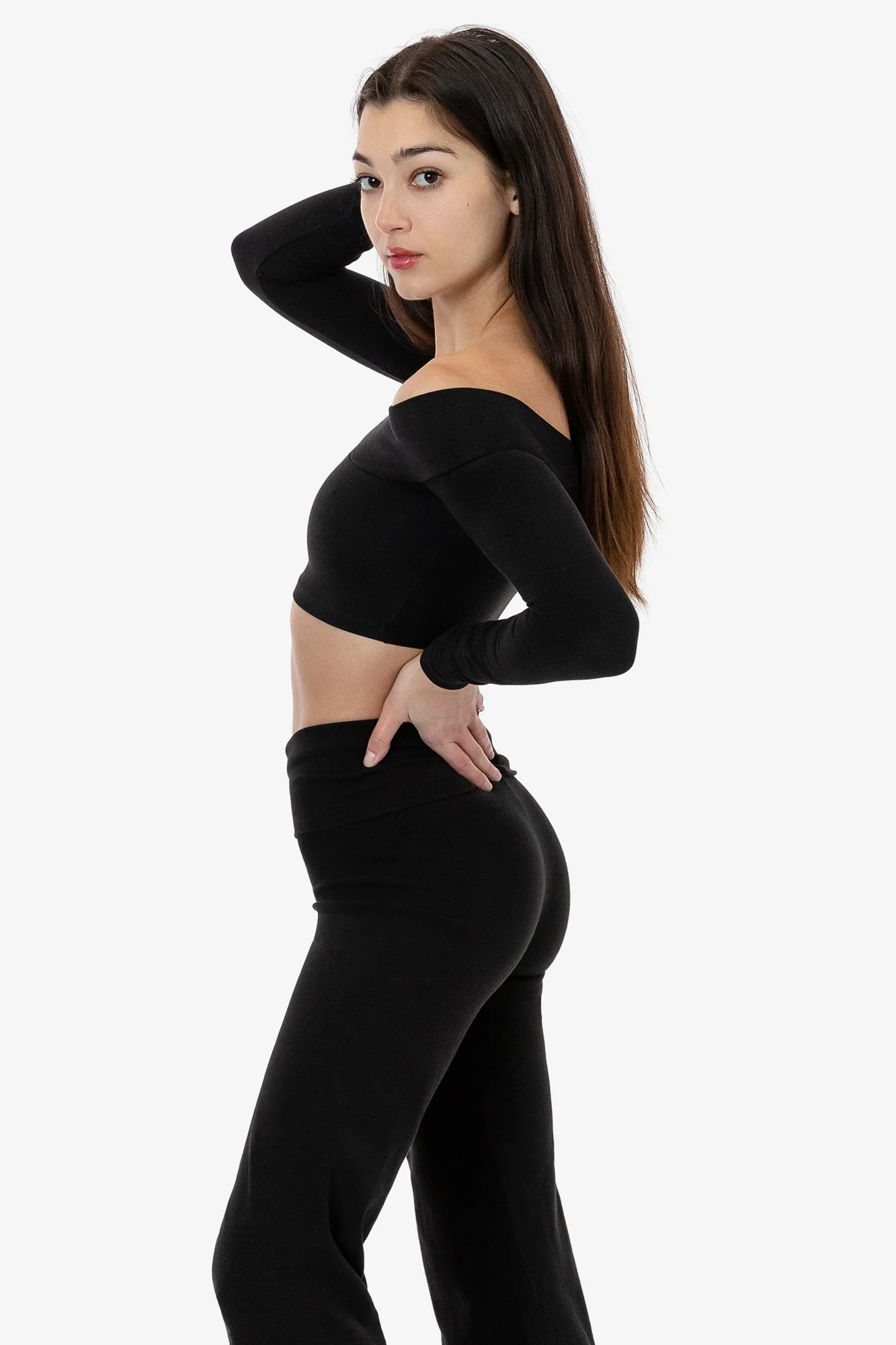 83074GD - Cotton Spandex Long Sleeve Off Shoulder Crop Top - Image 4
