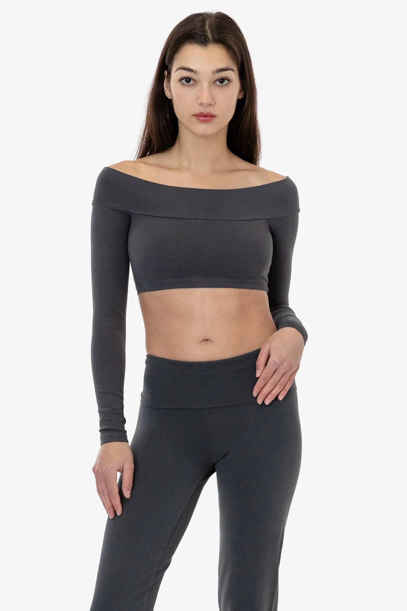 83074GD - Cotton Spandex Long Sleeve Off Shoulder Crop Top - Image 5