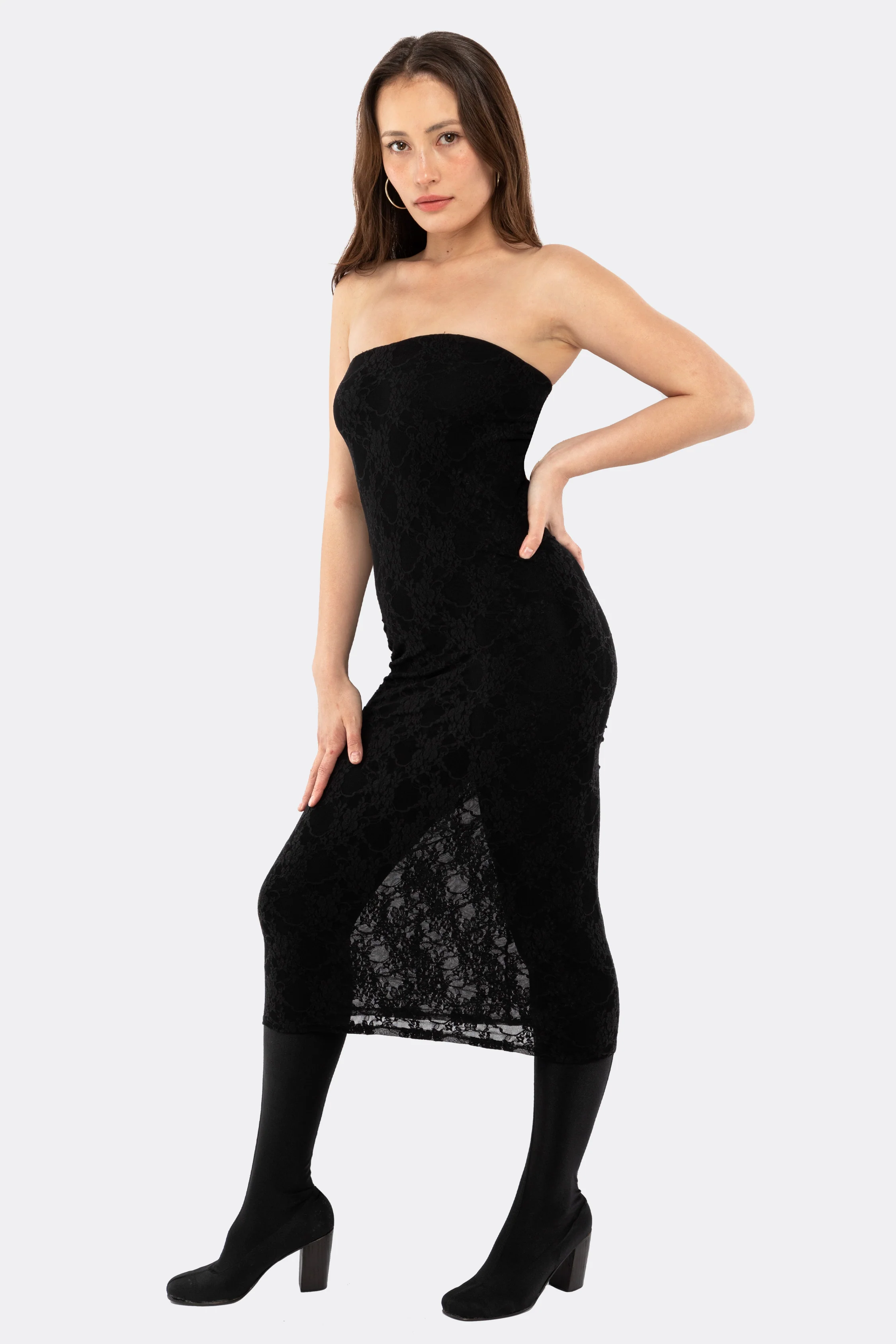 FNS800 - Floral Lace Midi Tube Dress - Image 3