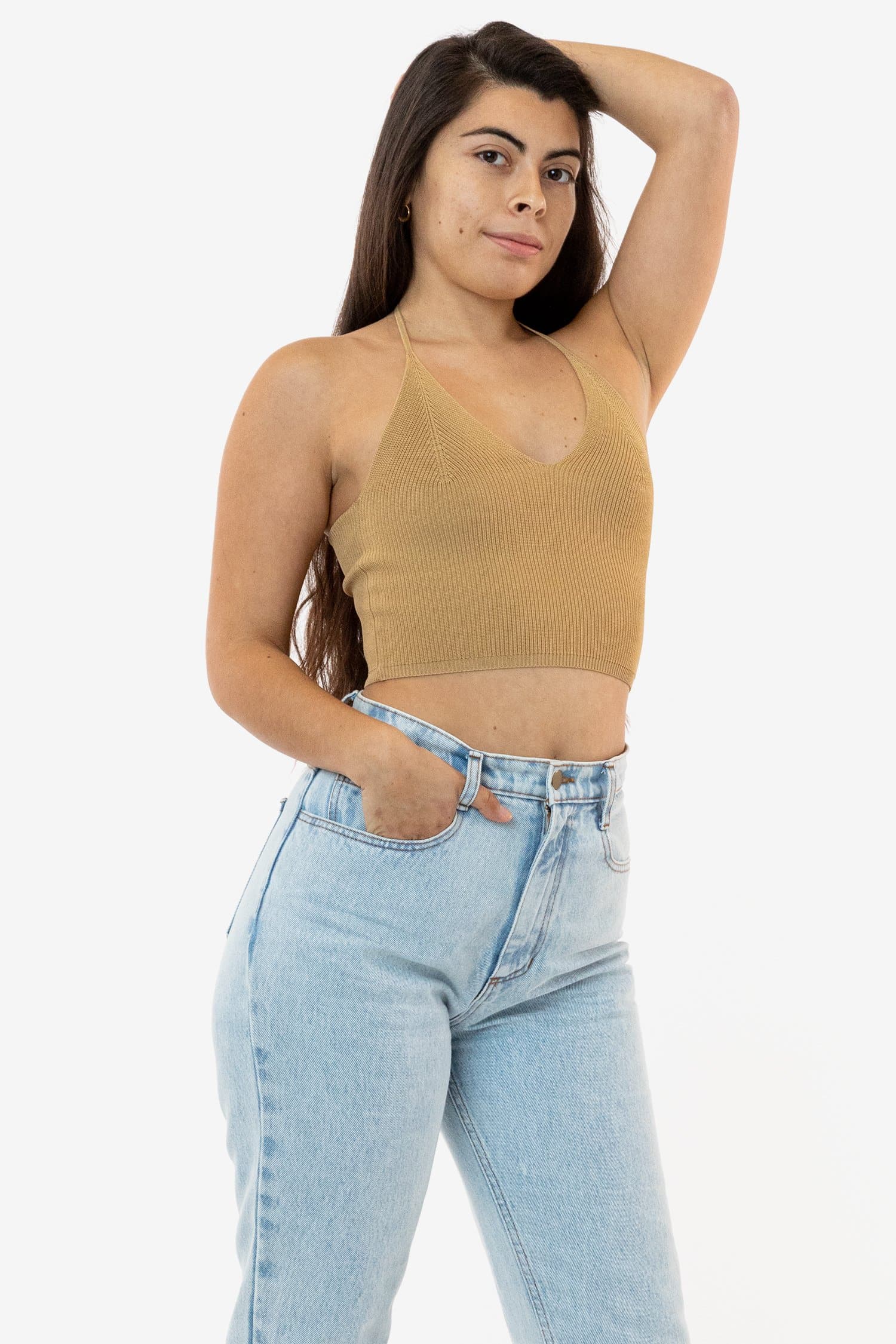 RFK406 - Viscose Nylon Cropped V-Neck Halter Top - Image 3
