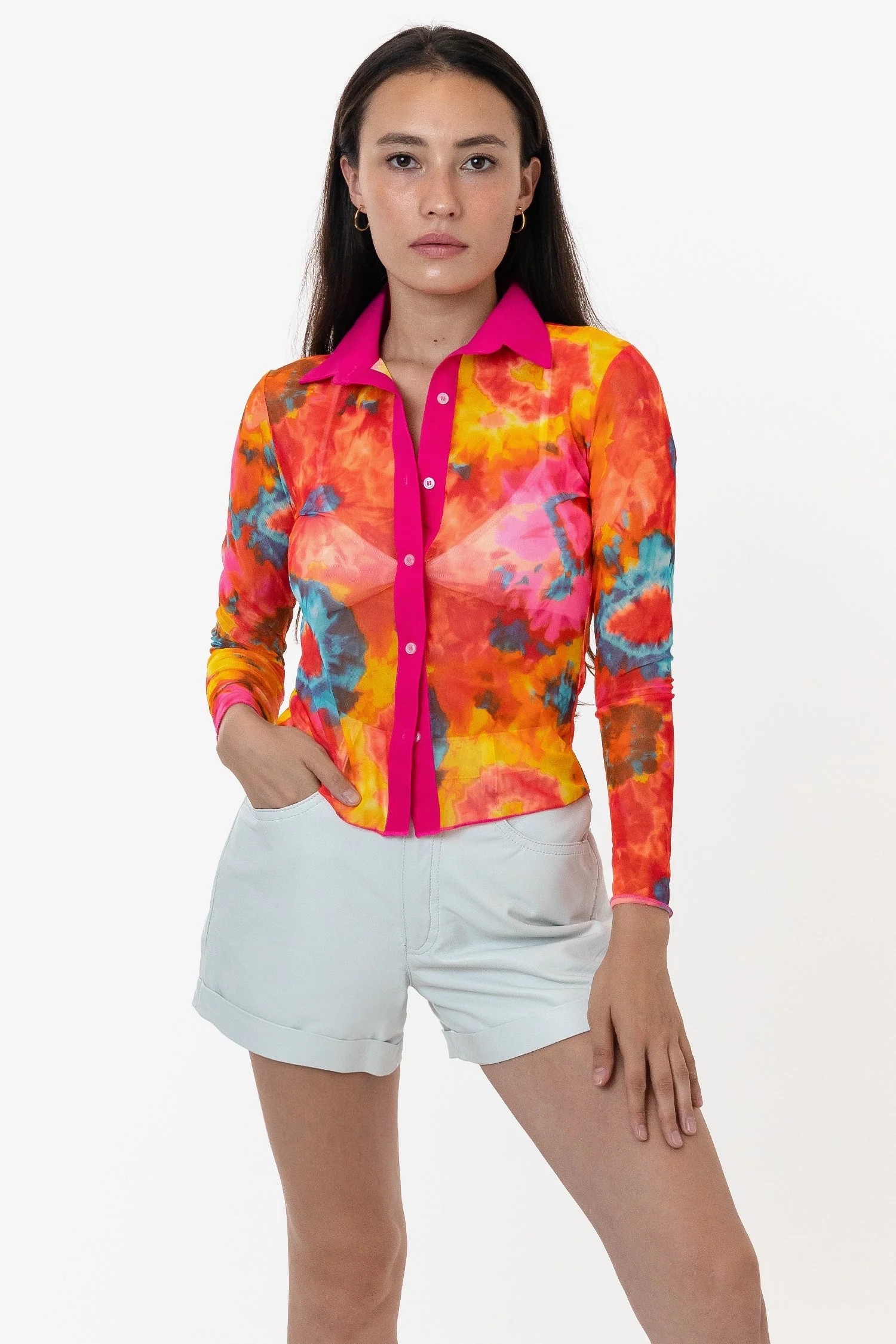 RNS745P - Printed Micro Mesh Long Sleeve Button Up - Image 14