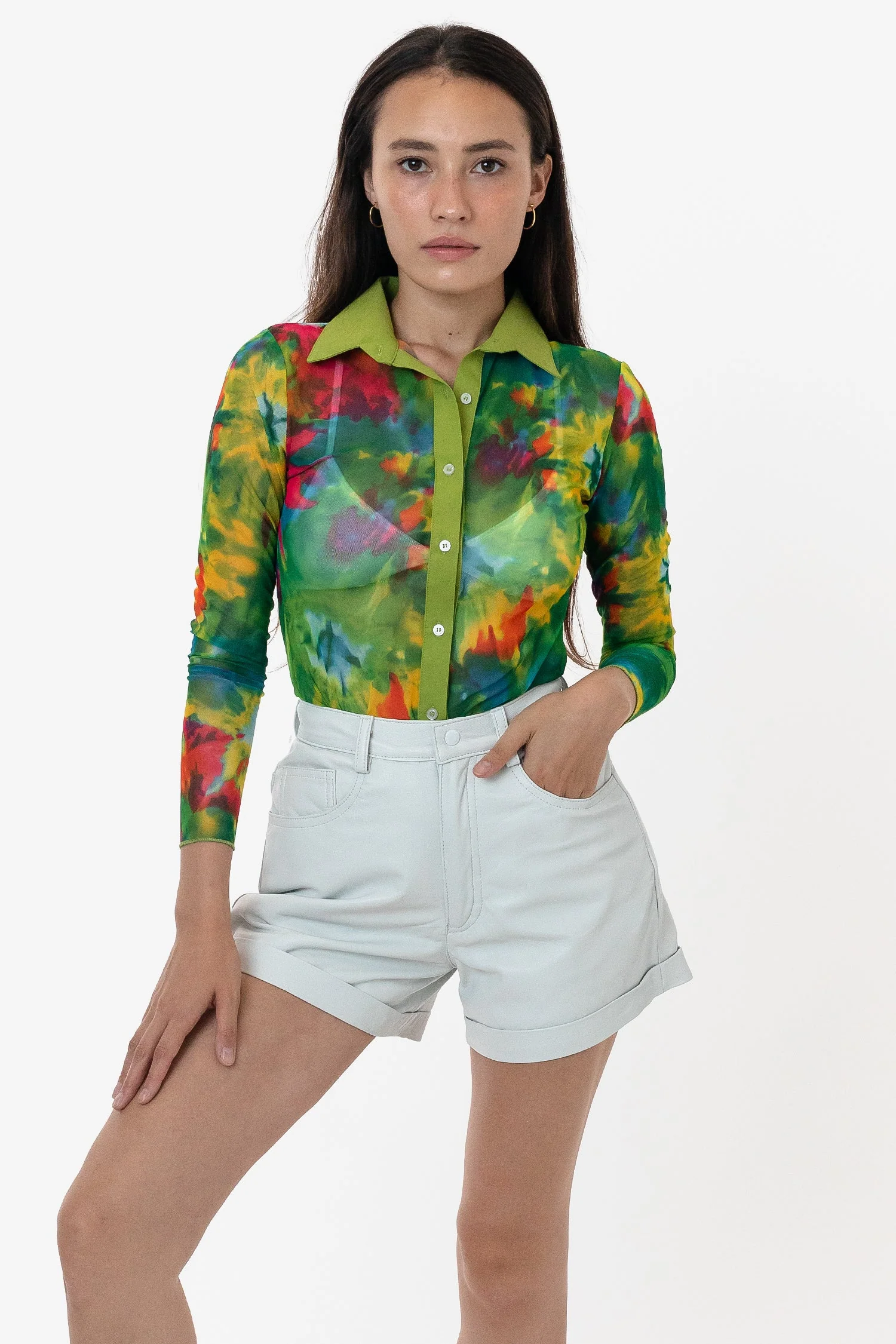 RNS745P - Printed Micro Mesh Long Sleeve Button Up - Image 17