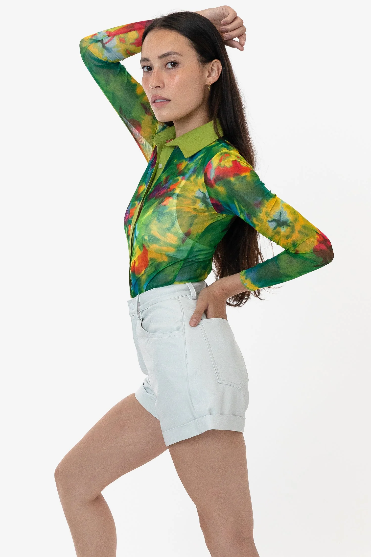 RNS745P - Printed Micro Mesh Long Sleeve Button Up - Image 3