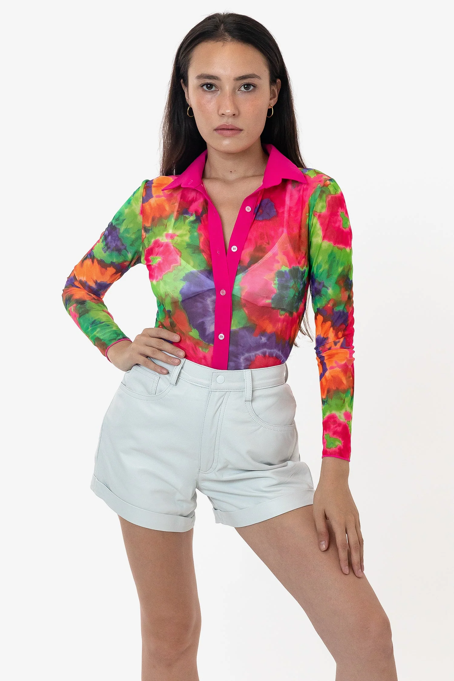 RNS745P - Printed Micro Mesh Long Sleeve Button Up - Image 6