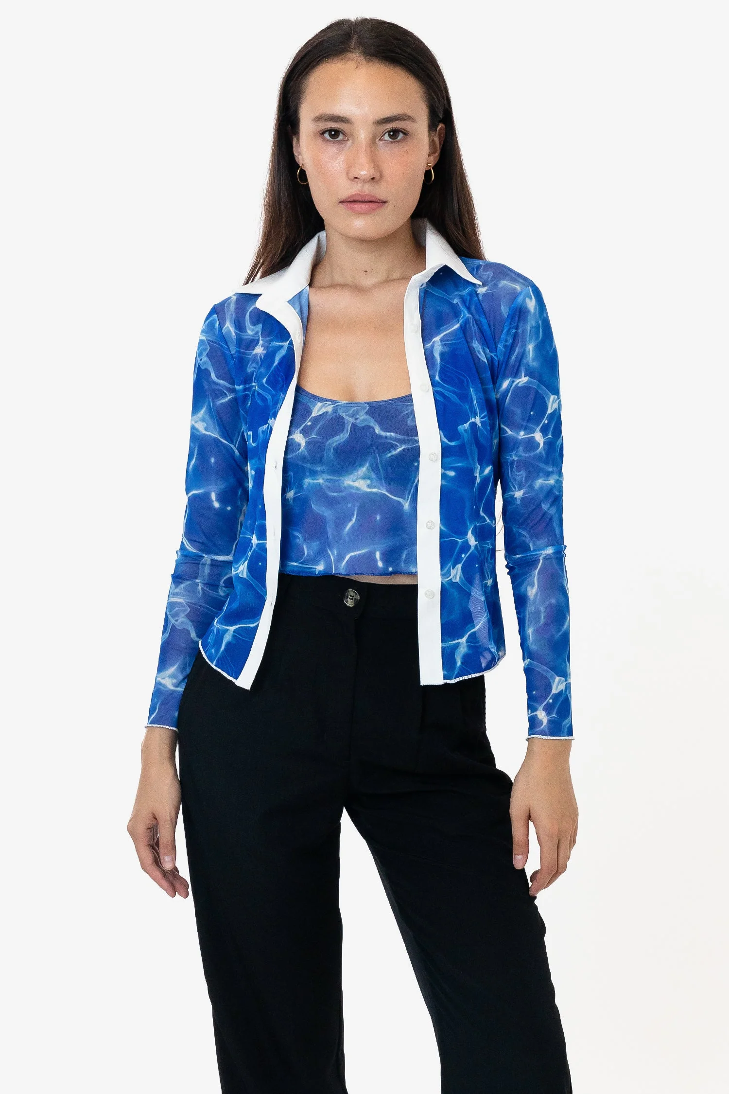 RNS745P - Printed Micro Mesh Long Sleeve Button Up - Image 9